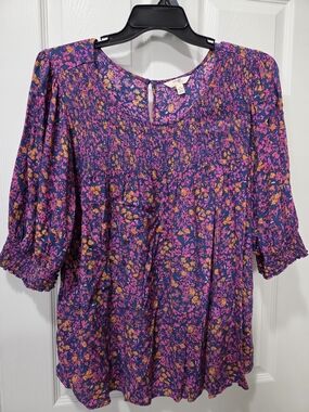 Women’s Floral Smocked Peasant Blouse - Purple Pink